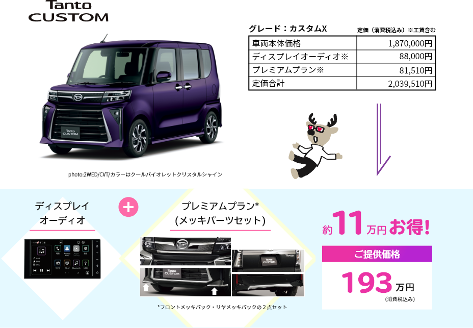 Tanto CUSTOM　ディスプレイオーディオ＋プレミアムプラン(メッキパーツセット)　約11万円お得!
